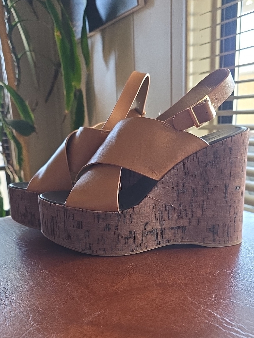 Tony Bianco Brown Cross-Strap Cork-Effect Platform Wedges